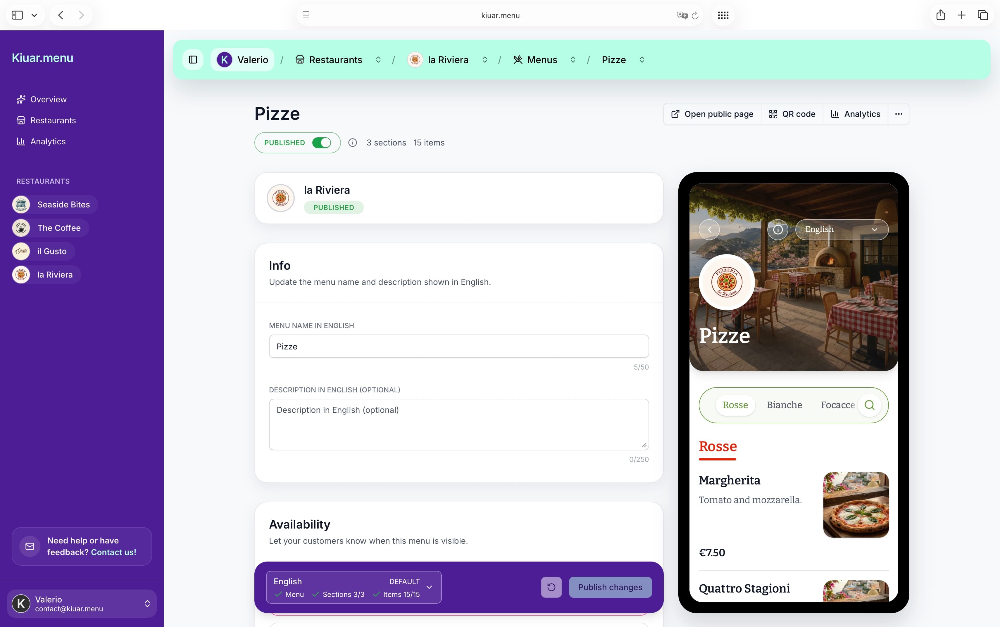 Kiuar.menu dashboard with the menu editor open