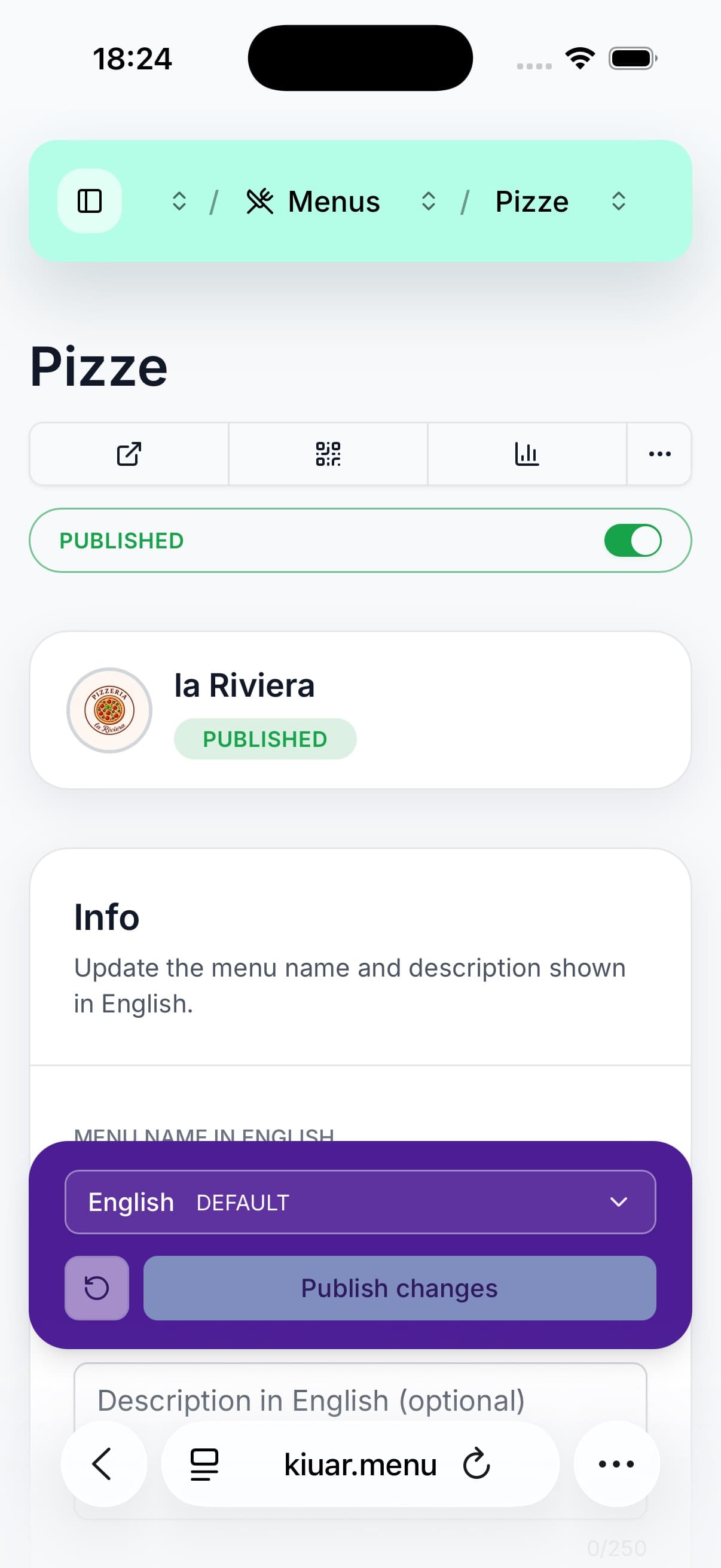 Kiuar.menu dashboard with the menu editor open