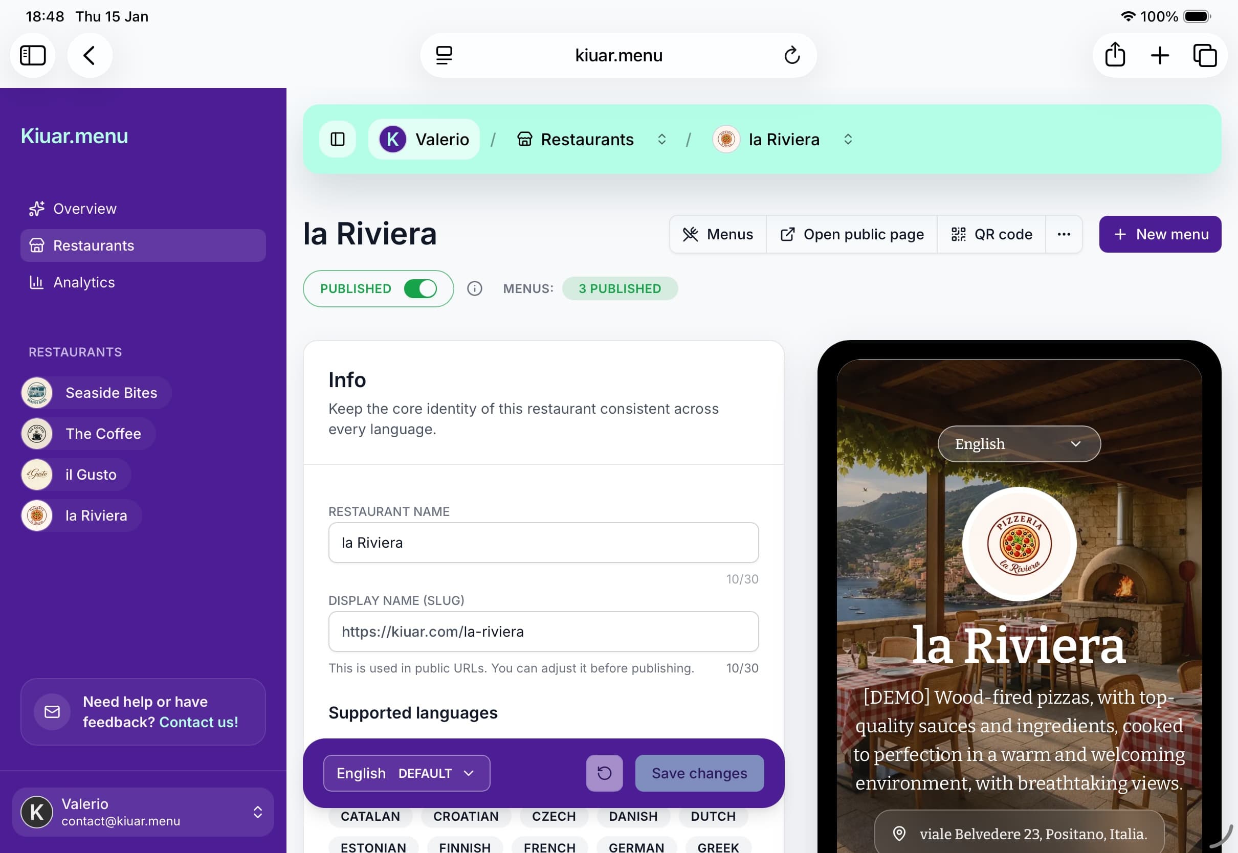 Kiuar.menu dashboard with the menu editor open